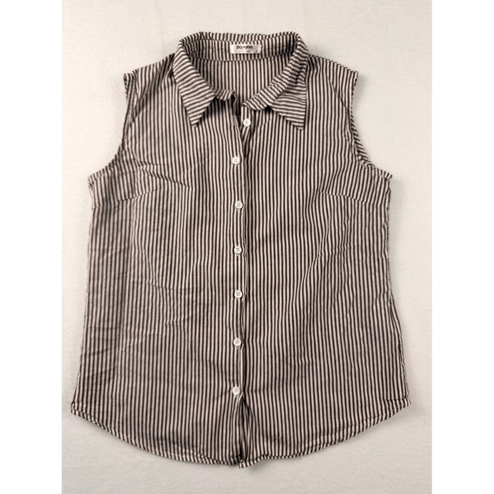 Zeagoo Womens Brown White Striped Sleeveless Button Down Shirt Top Medium